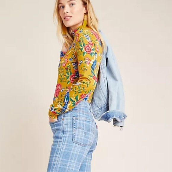 Anthropologie New Maeve Yellow Floral Bird Novelty Knit Turtleneck Top SZ XL - Picture 3 of 14